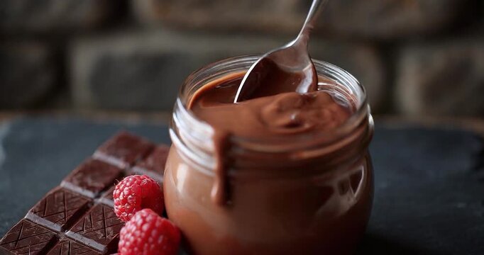 Chocolate dessert jar with creamy chocolate spread, fresh raspberry, and sweet treat close up, rich indulgence, smooth texture, homemade natural food perfect for healthy snack cravings