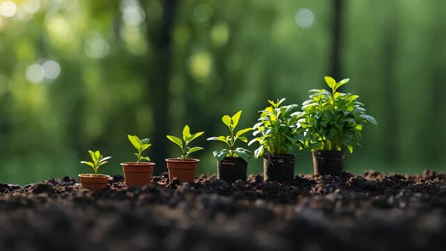 Small seedlings growing in soil with green forest light and nursery pots showing sustainable agriculture and plant development