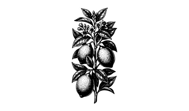 Vintage citrus fruit illustration with hand drawn lemon twig, botanical engraving style leaves and flowers vector isolated on white