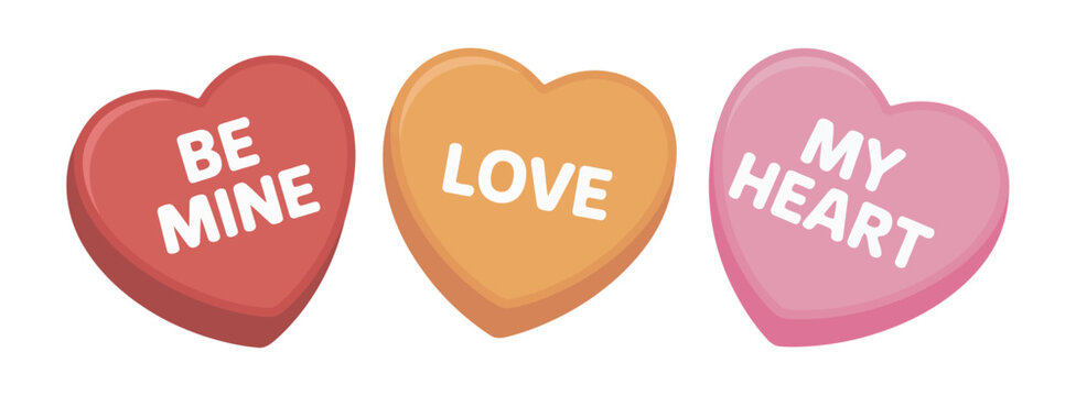 Valentines day candy heart icons with sweet love phrases be mine love my heart, romantic holiday candy illustration for greeting cards, stickers, digital media content.