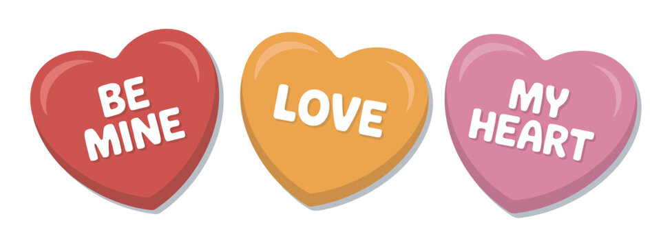 Valentines day candy heart icons with sweet love phrases be mine love my heart, romantic holiday candy illustration for greeting cards, stickers, digital media content.