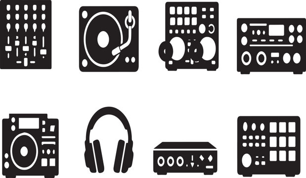 Professional DJ Equipment and Studio Music Production Vector Icon Set featuring Turntable, Mixer, Headphones, Sampler, and Audio Hardware Silhouettes for Creative Graphic Design Projects