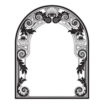 Ornate vector arched frame with baroque decorative elements, ideal for elegant designs, invitations, and vintage-themed projects