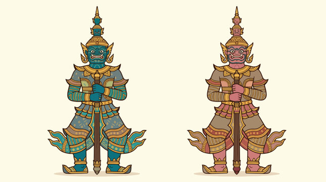 Two traditional Thai shadow puppets with intricate designs and vibrant colors for cultural storytelling