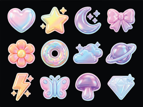 Colorful shiny holographic stickers of various objects including heart star moon bow flower donut cloud planet lightning butterfly mushroom and diamond  isolated on black background