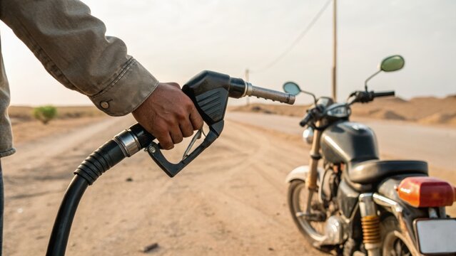 A person refuels a black motorcycle on a dirt road in a desert-like area, holding a fuel pump nozzle close to the bike's tank.