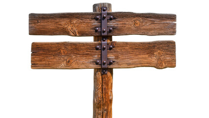 Rustic wooden directional signpost with metal brackets, isolated on transparent background © Laura