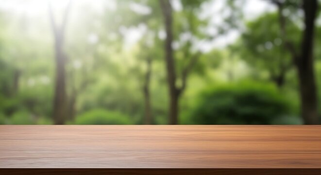 Empty wooden tabletop with blurred forest background natural light