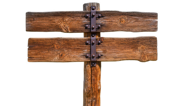 Rustic wooden directional signpost with metal brackets, isolated on transparent background
