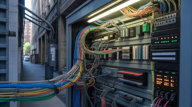 Depiction of urban communications with complex wiring and electronics installed in a panel. Intricate urban communications setup
