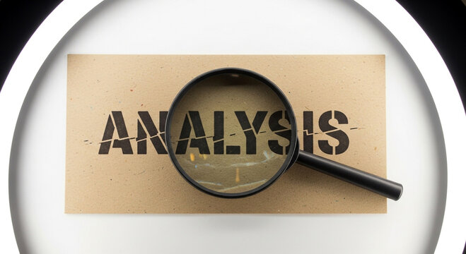 Magnifying glass on analysis text with beige background and black letters