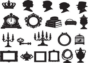 Premium Vector Silhouette Collection of Vintage Antique Objects including Ornate Frames, Classic Candelabras, Victorian People Portraits, Old Clocks, Skeleton Keys, and Royal Crown Icons. © Sadek