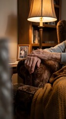 Obraz premium Elderly person's wrinkled hands resting on a vintage armchair in a warm, cozy living room with soft lamp light and bookshelf.