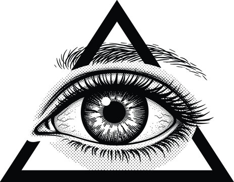 All Seeing Eye Triangle Symbol Engraving Style Vector Illustration Set with Detailed Human Eye and Geometric Sacred Icon Design