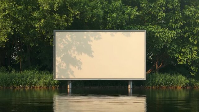 Blank outdoor billboard standing above calm water with green forest trees reeds and soft reflection for advertising mockup space