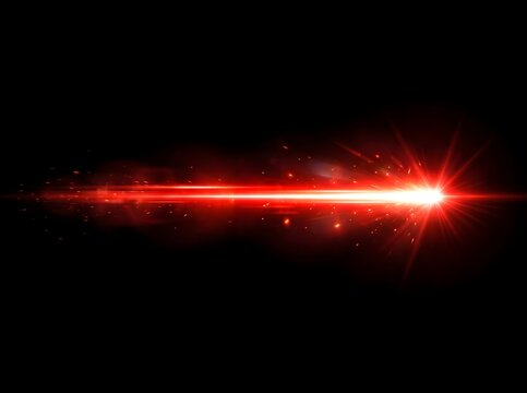 Vibrant red light beam with starburst effect on black background with sparks