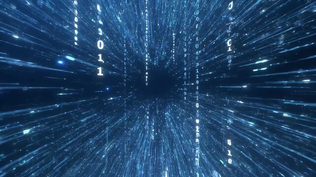 Glowing binary digits streaming through a digital-style tunnel on a dark background, illustrating the concept of data flow