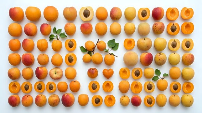 Fresh organic apricots arranged in neat rows showing whole fruits and halved pieces revealing pits, perfect for healthy eating and cooking concepts.