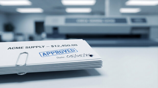 Stack of Payment Advices with Blue Approved Stamp &ndash; Payment Run Macro &ndash; Batch Settlement Trust &ndash; Overhead Accounting Fluorescent