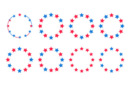 Red and blue stars forming circular patterns on white background