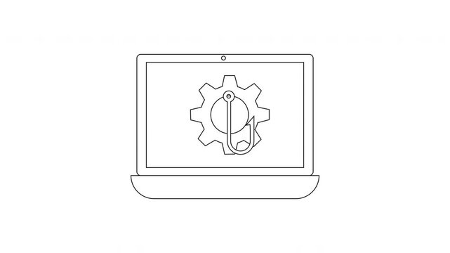 Laptop screen displays abstract circular logo and gear with hook icon.