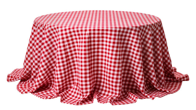 Round table covered with red and white gingham tablecloth, isolated on transparent background