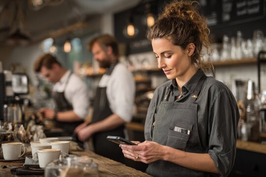 Barista preparing mobile coffee order behind cafe counter with espresso cups