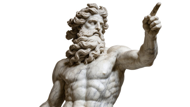 Marble statue of Zeus pointing upwards, isolated on transparent background