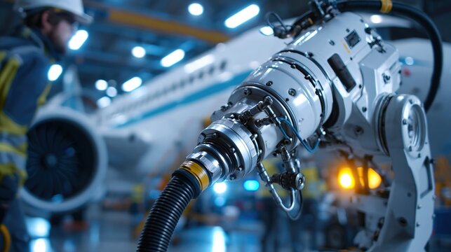 Aviation robotics technician supervising automated refueling arm near aircraft in hangar