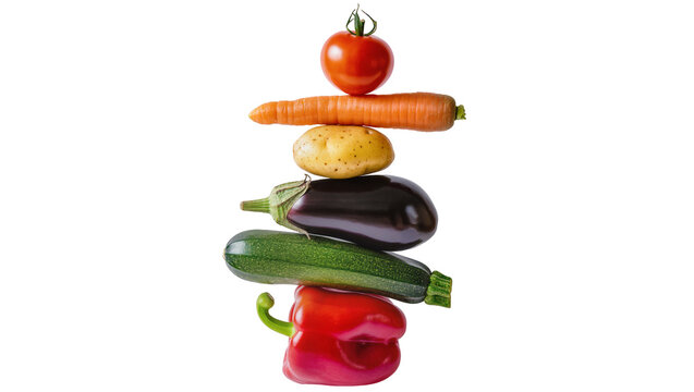Stack of fresh vegetables including tomato carrot potato eggplant zucchini and bell pepper, isolated on transparent background
