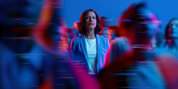Modern leadership concept with poised woman standing apart from bustling neon glitch crowd