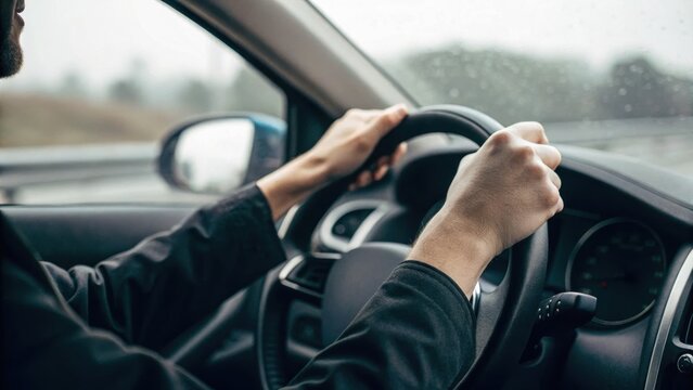 Person driving a car on a rainy day, hands gripping the steering wheel, with water droplets visible on the window.