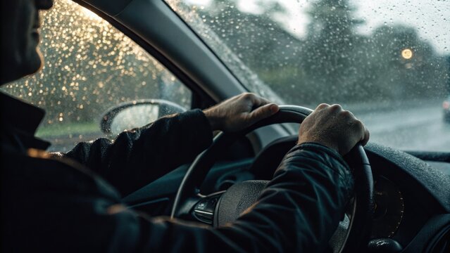 Man driving a car in rainy weather with raindrops on the window, hands gripping the steering wheel, creating a moody and focused atmosphere.