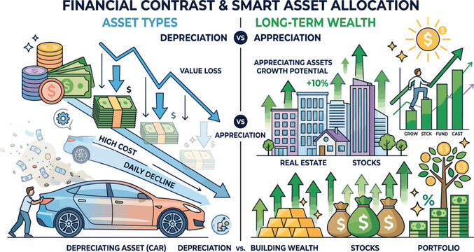 Financial contrast infographic, depreciation vs appreciation, asset allocation, car value loss, real estate, stocks, portfolio growth illustration