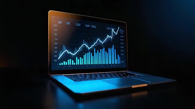 Laptop computer open on dark surface displaying financial charts line graph and bar charts with glowing blue screen light