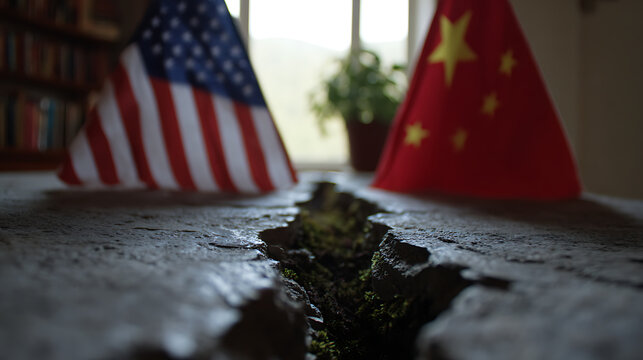 Two national flags stand opposite each other, divided by a deep, Symbolic crack, representing geopolitical tension and global relations