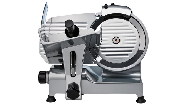 Commercial meat slicer with sharp circular blade and black knob, isolated on transparent background