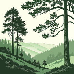 Stylized pine forest landscape with rolling hills and layered green tones vector illustration high quality professional detailed © ni