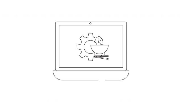 Laptop Screen Displays Gear and Bowl of Noodles Icon.
