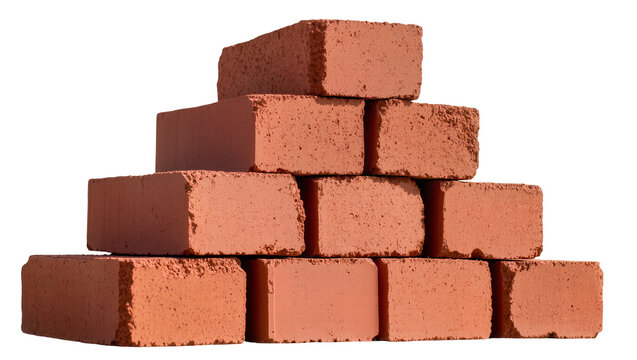 Stack of red clay bricks rough texture, isolated on transparent background