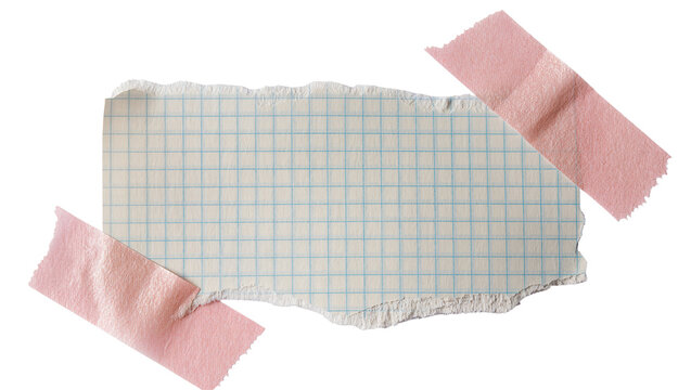Torn graph paper note secured with pink tape, isolated on transparent background
