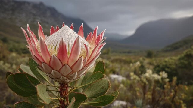 Vibrant Protea Flower in Foreground Against Moody Mountainous Landscape Under Overcast Skies