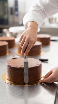 Close-up of a pastry chef using a metal spatula to smooth dark chocolate frosting on a round cake. Professional kitchen setting with more cakes in the background. Baking concept.