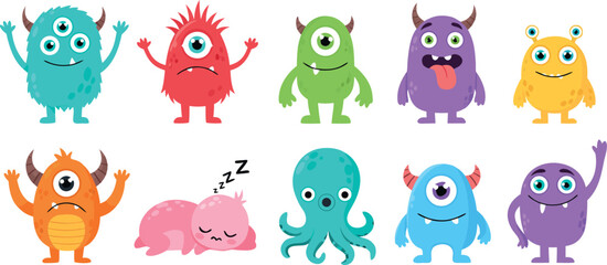 Obraz premium Adorable Colorful Monster Character Sticker Set Featuring Cute Alien Creatures With Funny Expressions And Various Eye Counts