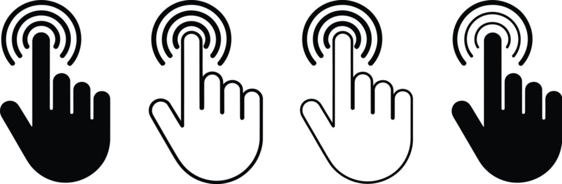 Doorbell icons, illustration, minimalist black line art depicting hand pressing doorbell symbol for delivery alert notification and home entry design.