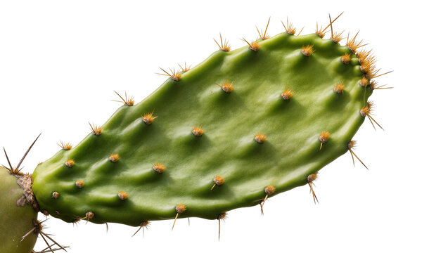 Green prickly pear cactus pad with sharp spines, isolated on transparent background