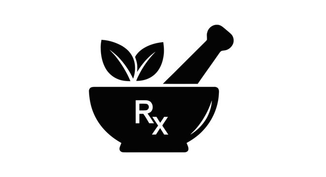 Vector illustration of mortar and pestle icon with leaves and rx symbol on a transparent background