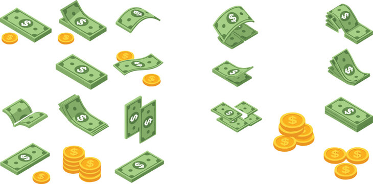 Money cash and coins collection with dollar bills stacks and piles, financial wealth and currency elements isolated on white background vector illustration set