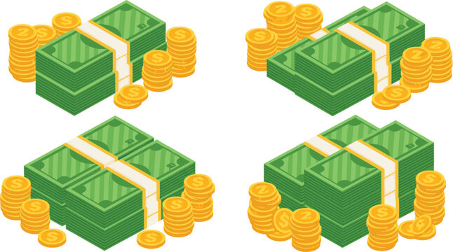 Stacks of dollar bills with gold coins set, cash money bundles and currency piles isolated on white background vector illustration collection