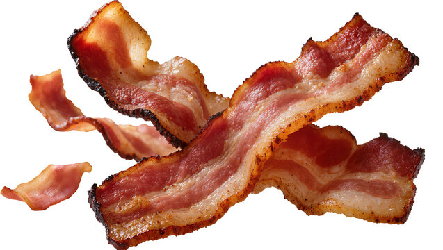 Crispy fried bacon strips with marbled fat and lean meat, isolated on transparent background
